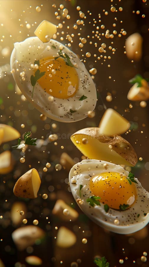 Leckere Eier mit Kartoffeln schwimmend in der Luft professionelle Lebensmittel Fotografie Studio Hintergrund Werbung Fotografie lizenzfreie abbildung