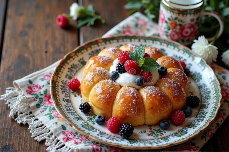 Leckere frische Beerenbrioche mit cremefarbenem Teppich auf einer Blumenplatte lizenzfreie abbildung