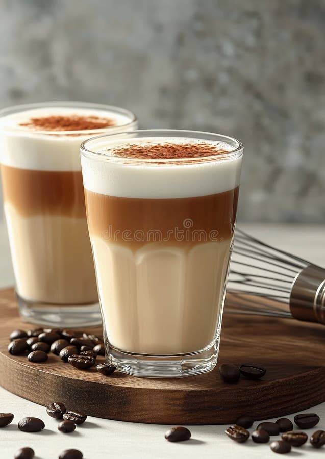 Leckere Latte Art in hohen Gläsern serviert mit Kaffeebohnen auf Holzbrett lizenzfreie stockfotografie