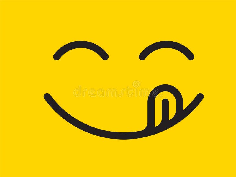 Leckere Lächelnvektor-Karikaturlinie Emoticonzunge lecken Mund Köstliche geschmackvolle Nahrung, die emoji Gesicht auf gelbem Ent