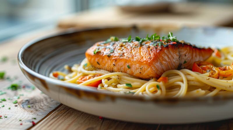 Leckere Pasta mit Kräutersalat in einer Schüssel für ein appetitanregendes Essen lizenzfreie abbildung