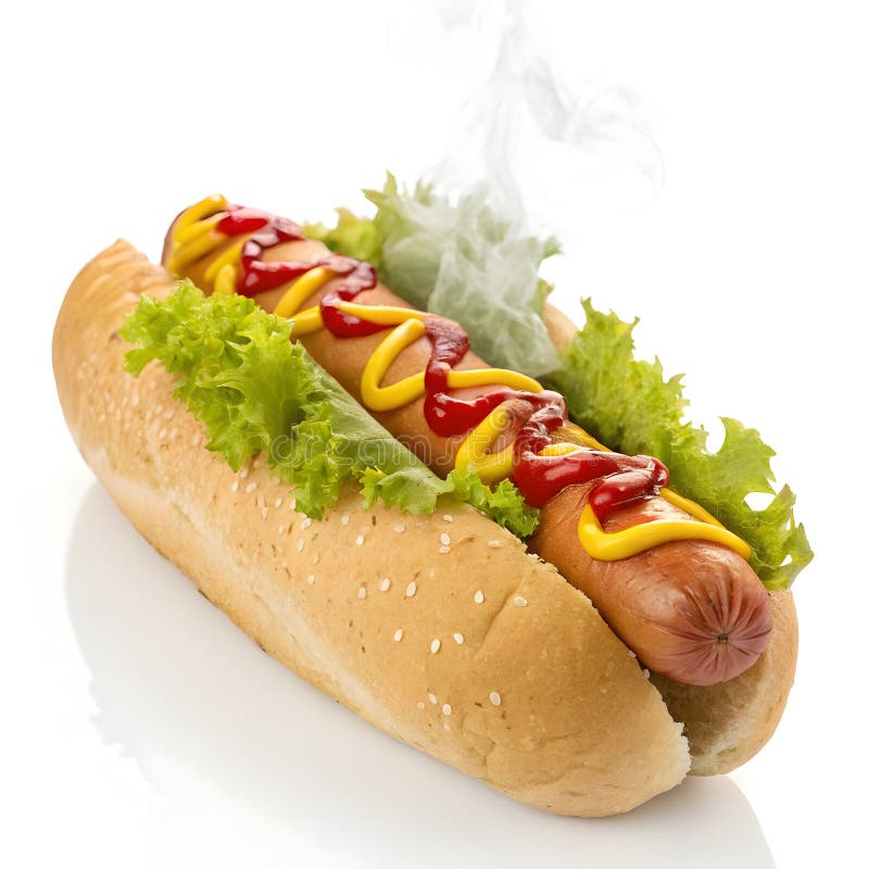 Leckerer Hot Dog mit Senfketchup und Salat isoliert auf weißem Hintergrund vektor abbildung