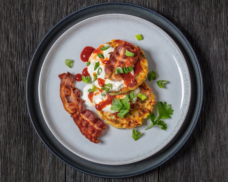 Leckerer Käse süße Maispfannkuchen mit gebratenem Speck stockbilder