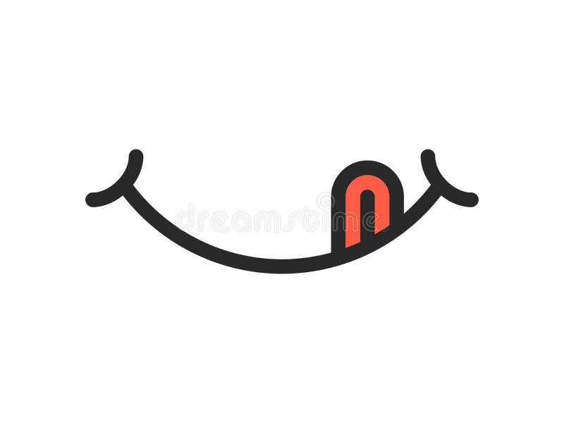 Leckerer Lächelnvektor-Karikatur Emoticon mit der Zunge lecken Mund Köstliche geschmackvolle Nahrung, die emoji Linie Gesicht auf