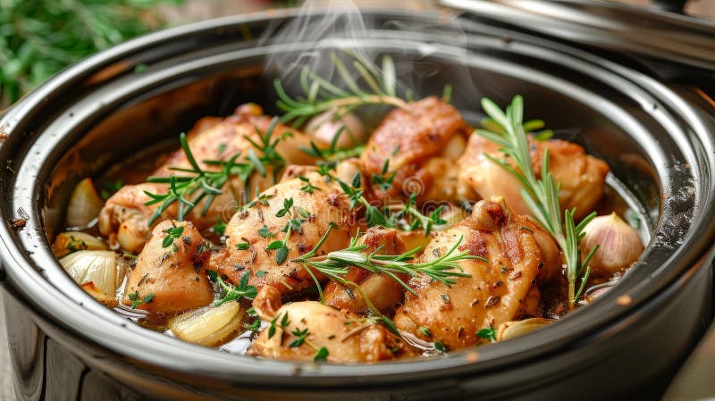Leckeres, langes Küchenhuhn mit Knoblauchkräutern und Zwiebeln für ein gemütliches Küchenambiente stock abbildung
