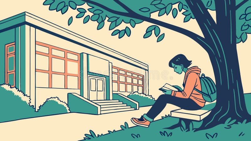 Lectura de persona bajo el árbol por construcción ilustración diseño vector IA generativa stock de ilustración