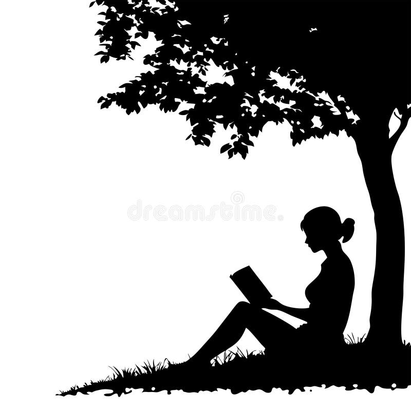 Lecturas de libro bajo un vector de silueta de árbol para temas de relajación. La imagen representa una silueta pacífica de una mujer sentada bajo un árbol engrosada al leer un libro. El entorno tranquilo y al aire libre resaltado por la sombra de los árboles y el césped que lo rodea evoca una sensación de relajación y tranquilidad. La ilustración en blanco y negro enfatiza la calma y la soledad asociadas con la lectura en la naturaleza, lo que la convierte en una representación perfecta del ocio y la contemplación atenta. Esta imagen se crea con IA.