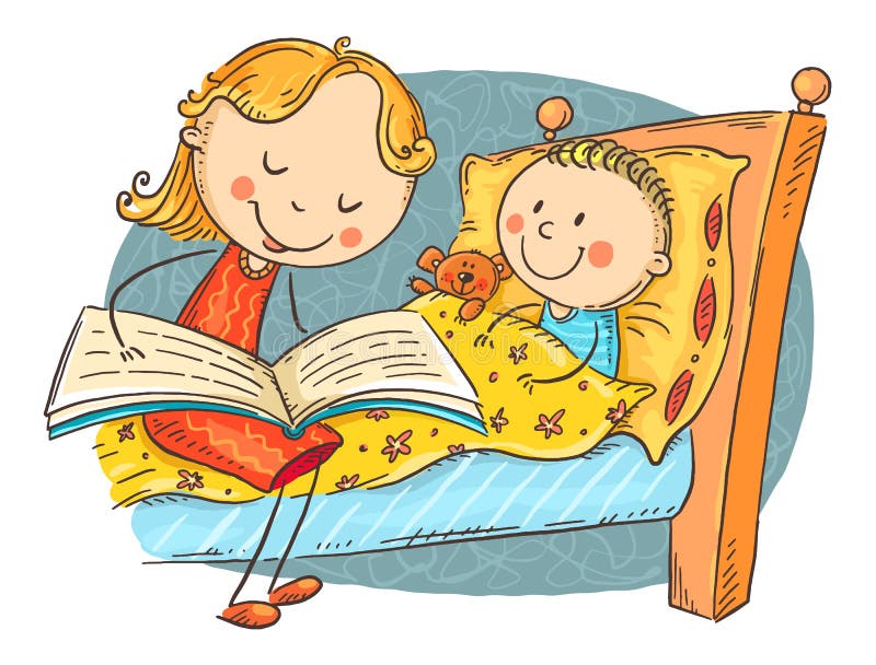 Lecture de mère d'histoire au lit à l'illustration colorée de dessin d'enfant