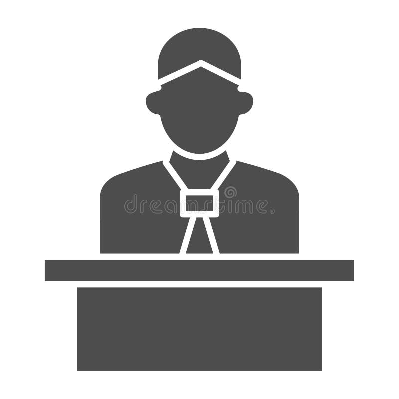 Lecturer behind the podium solid icon, business presentation concept, Speaker in uniform makes report sign on white royalty free illustration