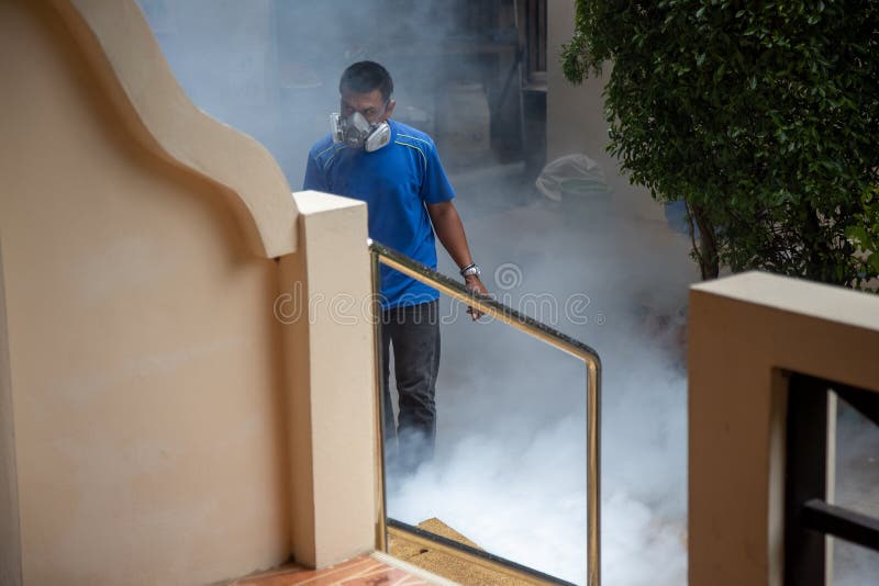 Professional insect treatment. man in a respirator sprays smoke poison. Professional insect treatment. man in a respirator sprays smoke poison.