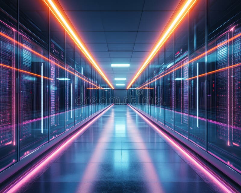 LED-Illuminated Server Racks and Structured Cabling: Scalable IT Infrastructure for Contemporary Tech Companies and stock photography