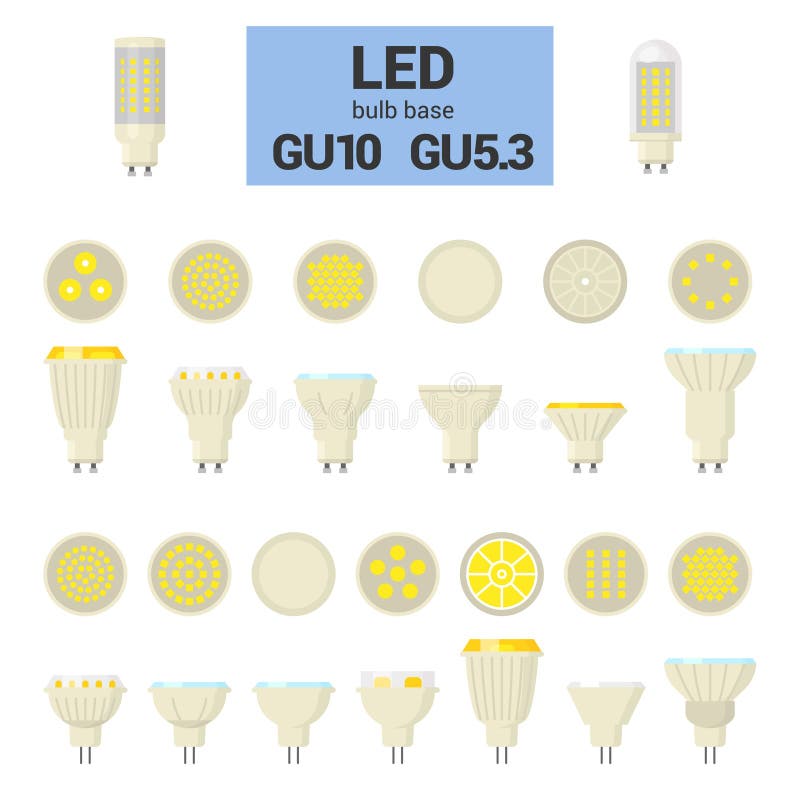 LED light bulbs with GU10 and GU5.3 base, vector colorful icon set on white background. LED light bulbs with GU10 and GU5.3 base, vector colorful icon set on white background