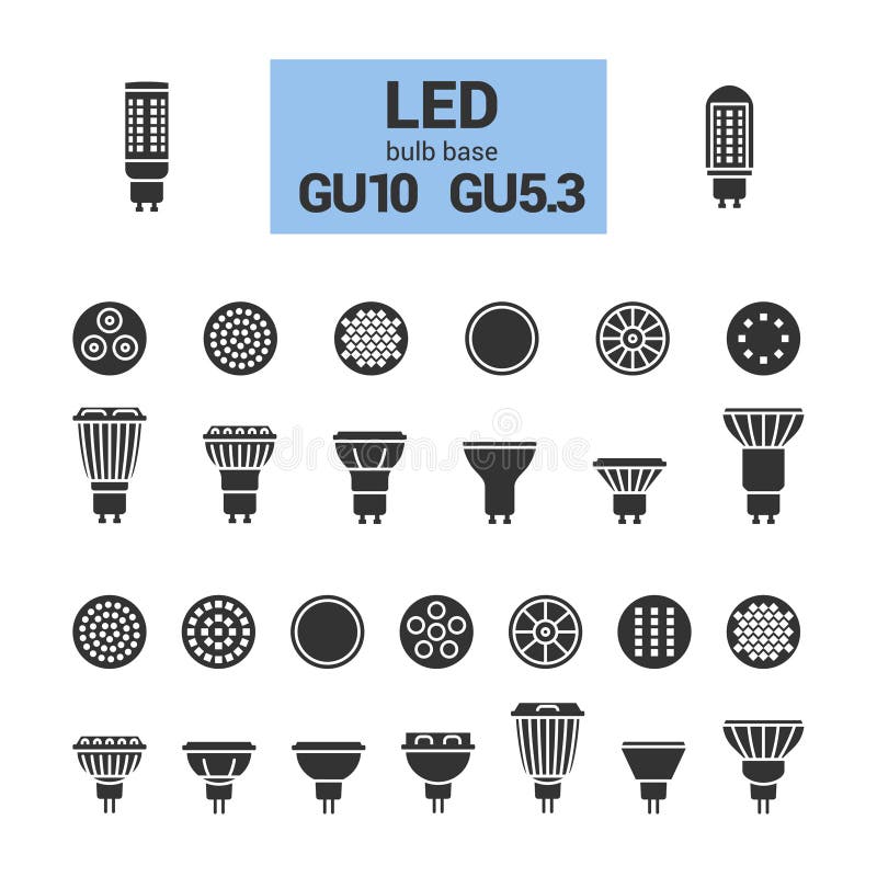 LED light bulbs with GU10 and GU5.3 base, silhouette icon set on white background. LED light bulbs with GU10 and GU5.3 base, silhouette icon set on white background