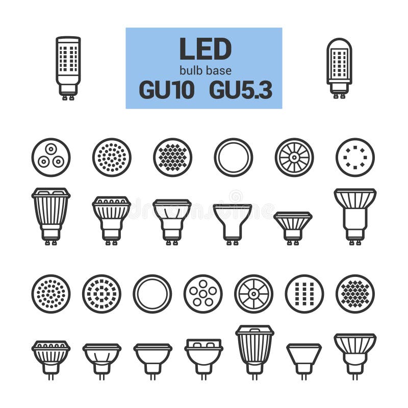 LED light bulbs with GU10 and GU5.3 base, vector outline icon set on white background. LED light bulbs with GU10 and GU5.3 base, vector outline icon set on white background