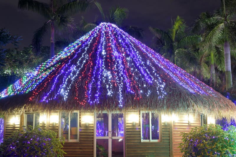 Led light thatched house stock image. Image of light 34212085