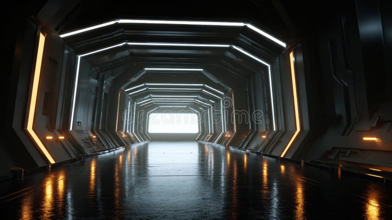 LED Sign Mockup Glowing in a Futuristic Corridor With a Blank Zone for Text Display stock photos