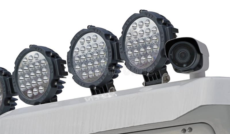 Led spotlights and video surveillance camera on the boat stock photography Led spotlights and video surveillance camera on the boat stock photography