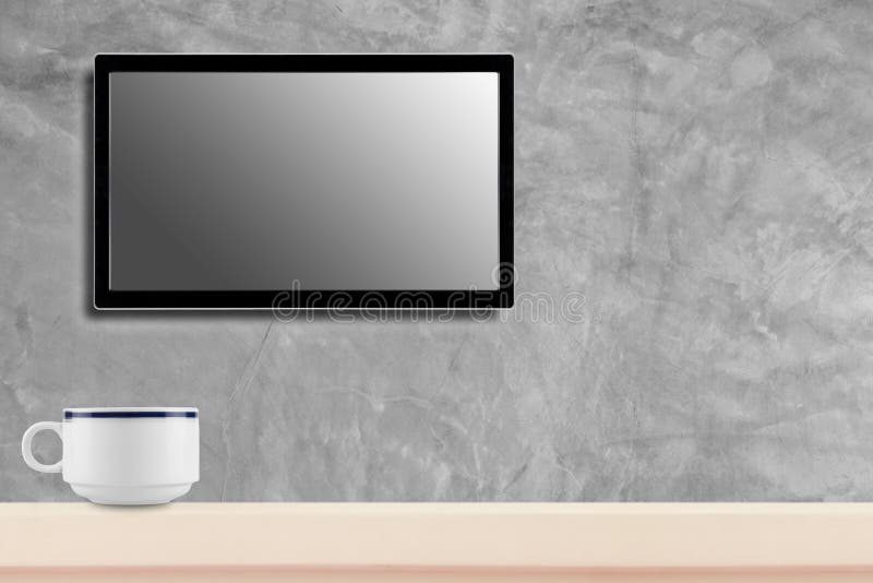 LED television screen mockup, blank hdtv on concrete wall with coffee cup in the room stock photo LED television screen mockup, blank hdtv on concrete wall with coffee cup in the room stock photo
