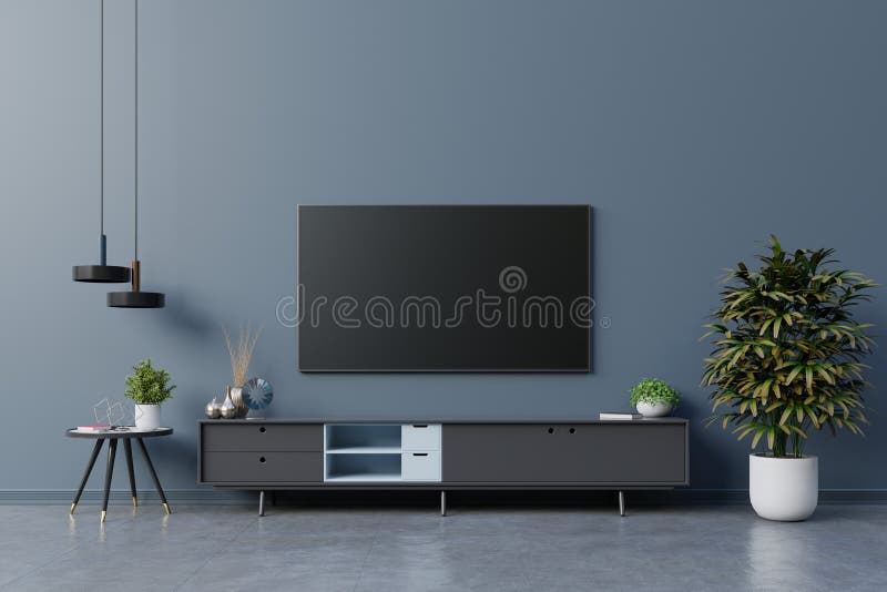 LED TV on the Dark Blue Wall in Living Room,minimal Design Stock