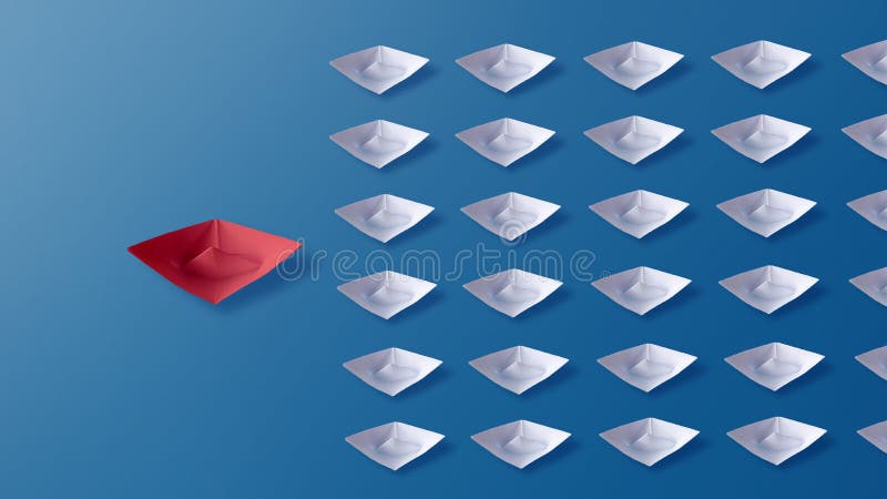 Leadership concept, red origami paper boat leading group of white paper boats on blue background, business, change, competition, creative, creativity, difference, idea, individuality, individually, innovation, innovative, inspiration, management, many, minimal, opportunity, race, solution, success, symbol, unique, vision, ocean, journey, direction, navigation, transport, one, people, play, game, watercraft, folding. Leadership concept, red origami paper boat leading group of white paper boats on blue background, business, change, competition, creative, creativity, difference, idea, individuality, individually, innovation, innovative, inspiration, management, many, minimal, opportunity, race, solution, success, symbol, unique, vision, ocean, journey, direction, navigation, transport, one, people, play, game, watercraft, folding