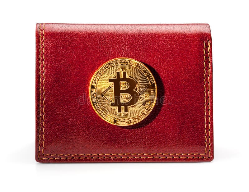 Lederportemonnaie mit goldener Bitcoin-Münze stockfoto