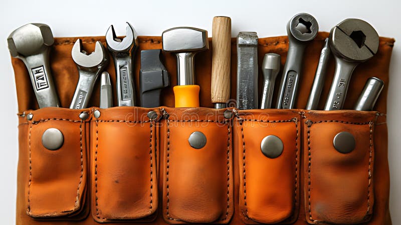 Lederwerkgürtel mit verschiedenen Handwerkzeugen auf Werkstattreparatur im weißen Hintergrund lizenzfreies stockbild
