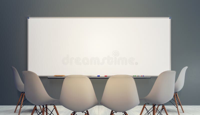 Leeg klaslokaal met stoelen en grote schone witte raad stock foto Leeg klaslokaal met stoelen en grote schone witte raad stock foto