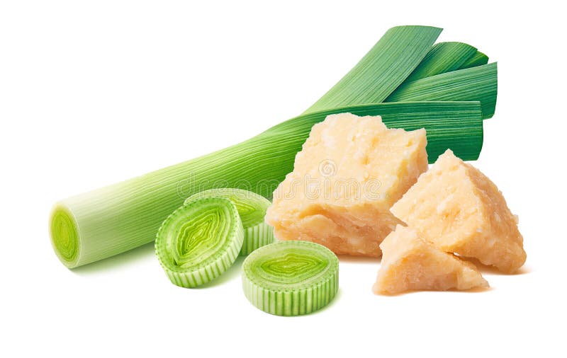 Leek and parmesan cheese isolated on white background. Package design element with clipping path