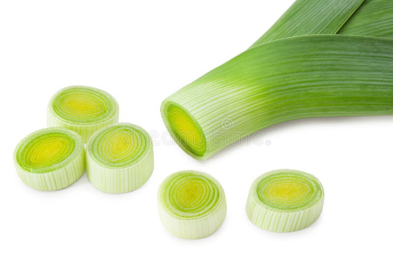 Leek with slices isolated on white background. with clipping path stock images