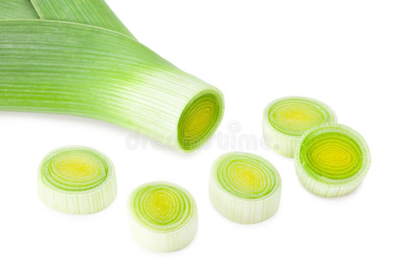 Leek with slices isolated on white background. with clipping path royalty free stock photo