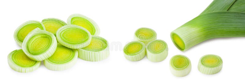 Leek with slices isolated on white background. with clipping path stock photo