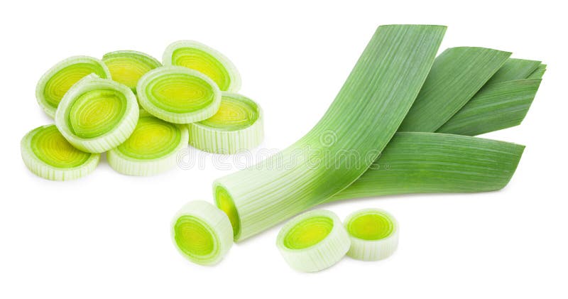 Leek with slices isolated on white background. with clipping path royalty free stock photos
