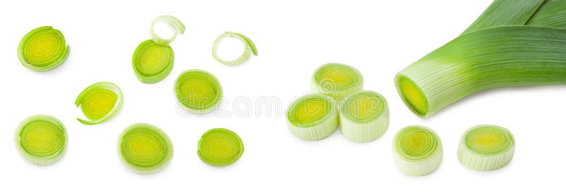 Leek with slices isolated on white background. with clipping path royalty free stock photos
