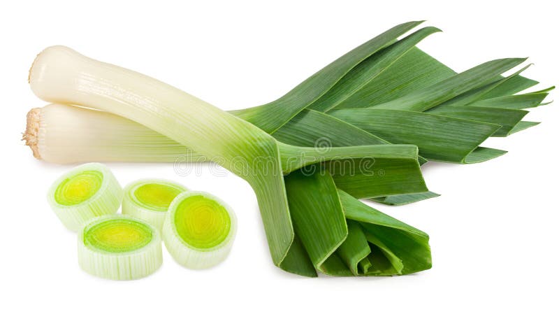 Leek with slices isolated on white background. with clipping path royalty free stock photos