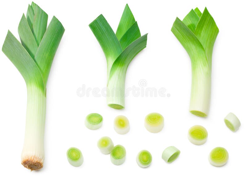 Leek with slices isolated on white background. with clipping path. top view royalty free stock photos