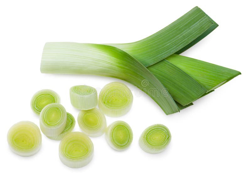 Leek with slices isolated on white background. with clipping path. top view. royalty free stock photos