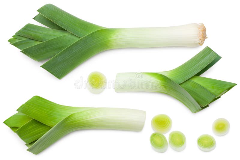 Leek with slices isolated on white background. with clipping path. top view stock images