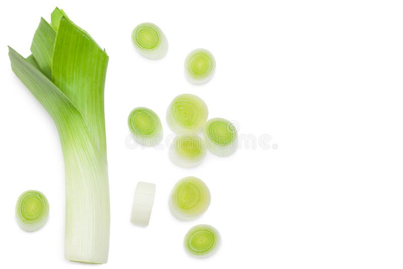 Leek with slices isolated on white background. with clipping path. top view stock photos