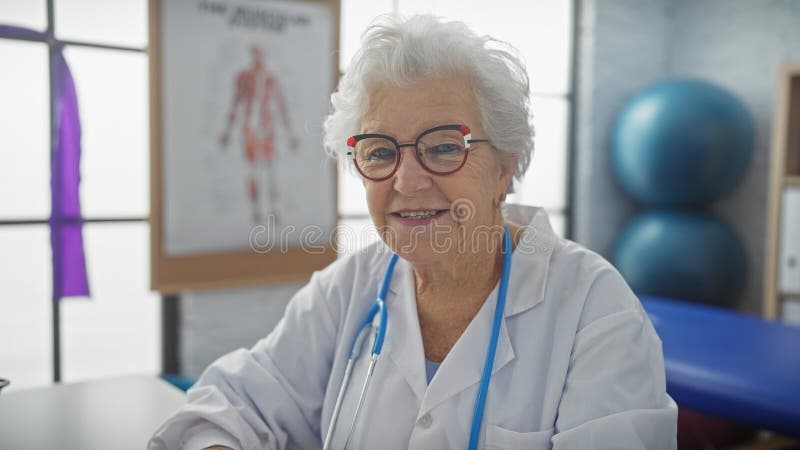 Leende kvinnlig doktor med glasögon på ett kliniskt kontor, utan professionalism och omsorg arkivfoto