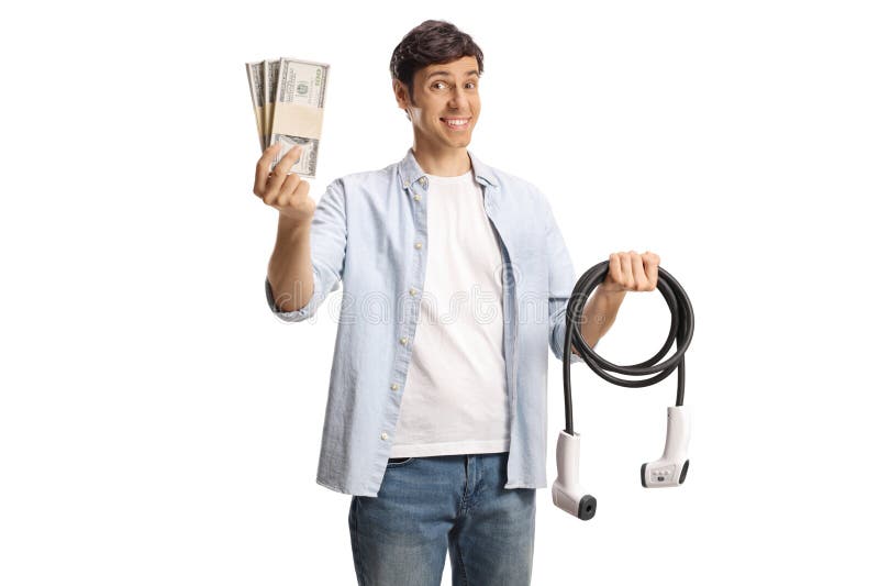 Man holding a cable for electrical vehicle charging and stacks of money isolated on white background. Man holding a cable for electrical vehicle charging and stacks of money isolated on white background