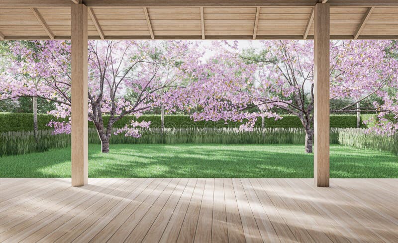 Leere Holzterrasse mit farbenfroher Gartenkulisse im Hintergrund 3d rendern lizenzfreie abbildung