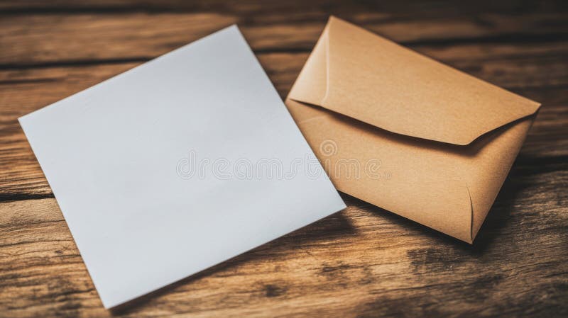 Leere Notizkarte und braune Umschlag auf Holzfläche stock abbildung