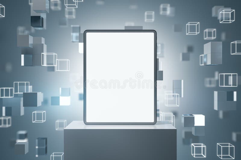 Leere weiße Tablette auf kreativem, grau-grauem Kubikuntergrund mit Sockel und Platz zum Verspotten. vektor abbildung