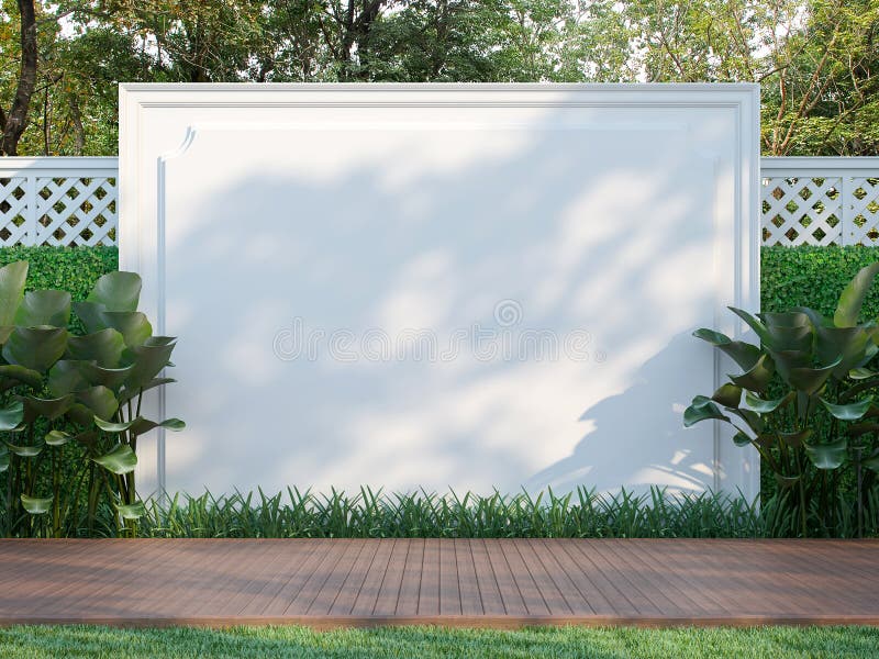 Leere weiße Wand im Garten 3d übertragen stock abbildung Leere weiße Wand im Garten 3d übertragen stock abbildung