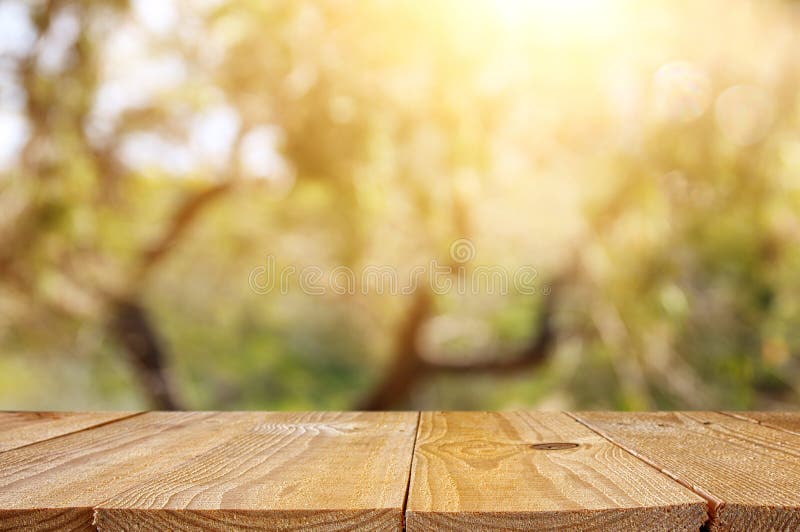 Leeren Sie rustikale Tabelle vor grünem Frühlingszusammenfassung bokeh Hintergrund Produktanzeige und Picknickkonzept