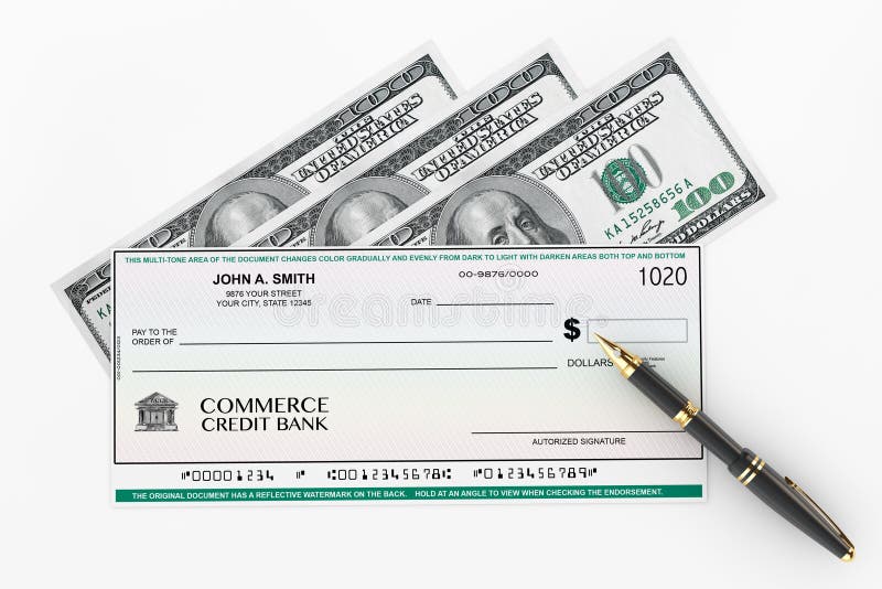 Leerer Bankscheck und Füllfederhalter mit Dollarscheinen stock abbildung Leerer Bankscheck und Füllfederhalter mit Dollarscheinen stock abbildung