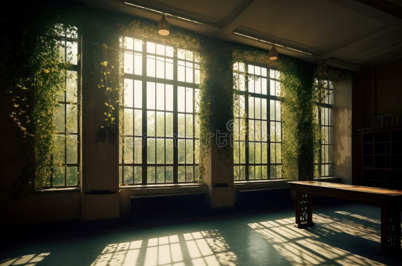 Empty library room with big sunlit windows. Unfurnished book depository interior with luminous beams. Generate ai AI generated. Empty library room with big sunlit windows. Unfurnished book depository interior with luminous beams. Generate ai AI generated