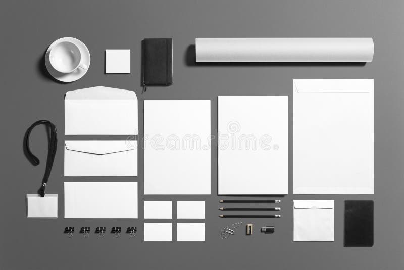 Blank stationery branding set isolated on grey. Consist of document, note, business cards, pencil, money clips, envelopes. Blank stationery branding set isolated on grey. Consist of document, note, business cards, pencil, money clips, envelopes.