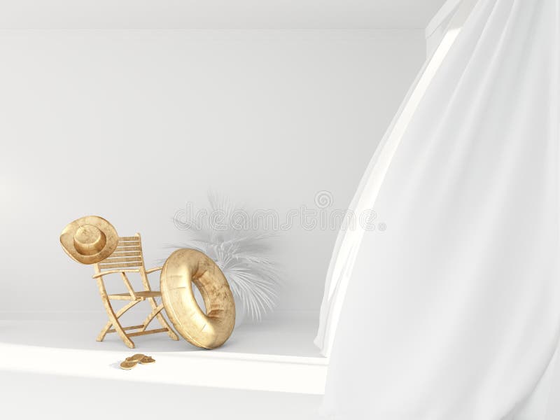 Leerer goldener Stuhl, aufblasbarer Kreis, Hut und Flipflops im hellen Reinraum mit Lichtvorhängen im Badekurort ist leer lizenzfreie abbildung Leerer goldener Stuhl, aufblasbarer Kreis, Hut und Flipflops im hellen Reinraum mit Lichtvorhängen im Badekurort ist leer lizenzfreie abbildung
