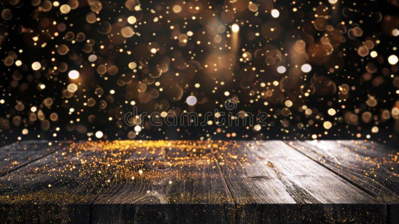Leerer Holztisch mit schimmerndem schwarz-goldfarbenem Hintergrund. fröhliche Weihnachten und fröhlicher Urlaub im neuen Jahr lizenzfreie abbildung